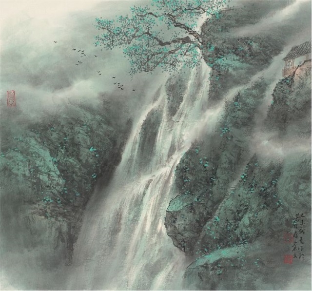 聽瀑圖 紙本設(shè)色