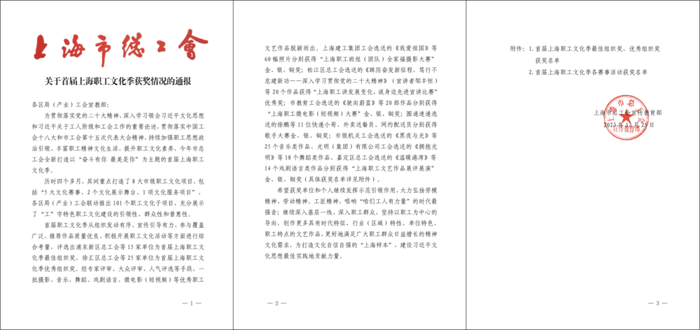 關于首屆上海職工文化季獲獎情況的通報